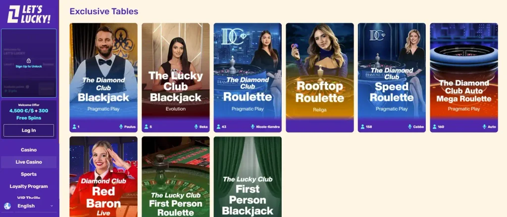 Live Dealer Tables (Roulette, Blackjack, Baccarat)